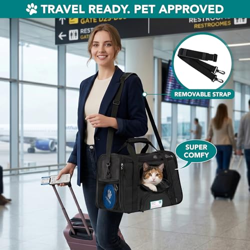 Airline Approved Pet Carrier for Cats & Small Dogs (Black / 19.5"L x 10.2"W x 12.0"H)