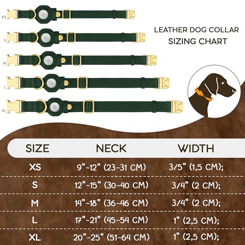 Leather Airtag Dog Collar (Green / M, 14"-18" Neck Fit)
