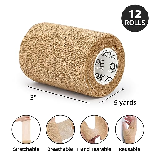 Self Adherent Cohesive Bandages Wrap 12Packs 3" x 5 Yards (Beige/Tan / 3 In x 5 Yards)
