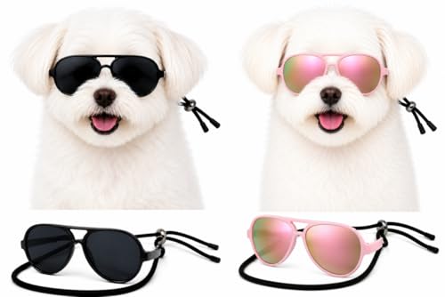 G029 Dog Cat Pet Aviator Pilot Sunglasses Glasses for Small Breeds up to 15lbs (S, Up to 15 lbs, 2-pack Black + Pink-pink mirror)