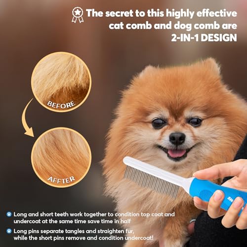 Detangling Pet Grooming Comb for Dogs & Cats with Long & Short Stainless Steel Metal Teeth for Removing Tangles and Knots