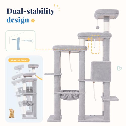 Cat Tree Tower with Stable Extended Base (Light Gray / 71.9 Inches)