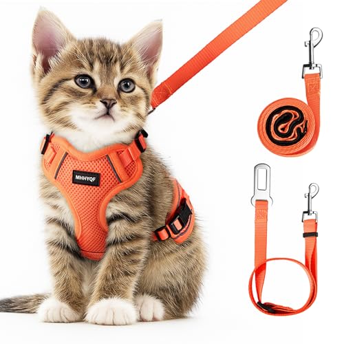 Cat Harness and Leash for Walking Escape Proof Soft Adjustable Cat Leash Breathable Comfortable Vest Easy to Wear Kitten Harness for Outdoor Travel (Orange / X-Small)