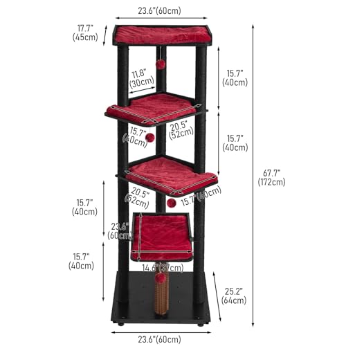 67.7" Wooden Cat Tree for Large Cats (Black/Red / 23.6"L x 22.8"W x 67.7"H)