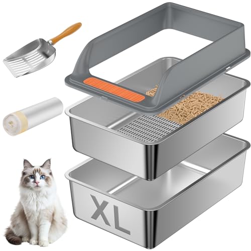 Stainless Steel Sifting Litter Box with Lid (XL:23.6''×15.7''×10'')