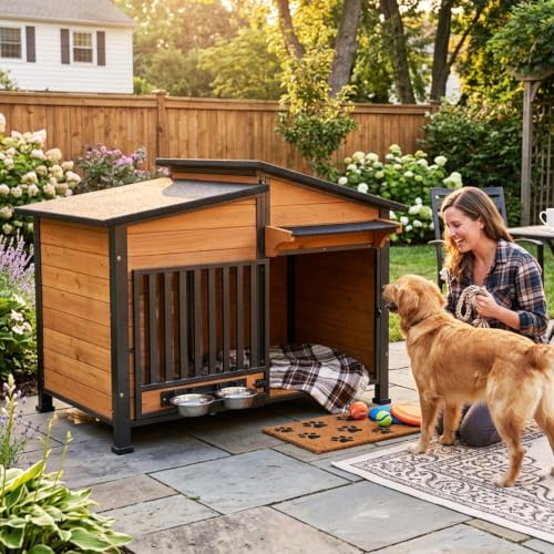 Large Outdoor Dog House with Pet Bowl for Large Dogs