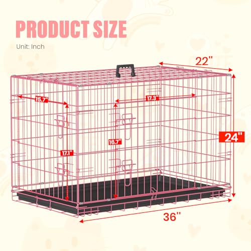 Dog Crate for Medium Dogs 36 Inch Folding Kennel Metal Pet Cage Pink (Pink / 36.0"L x 22.0"W x 24.0"H)