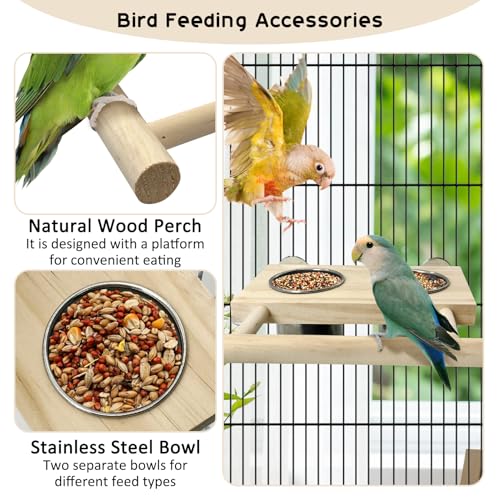 Bird Feeding Dish Cups with Wooden Platform Hanging Stainless Steel Parrot Cage Feeder Bowl Wood Perch Stand for Parakeet Cockatiels Lovebirds Budgie (Small)