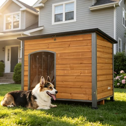 Large Dog House Outdoor with Iron Frame and Hinged Roof