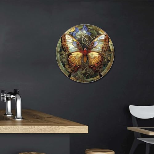 Metal Sign Tin Sign Circular Stained Glass Butterfly Funny Bathroom Wall Decor for Patio 8×8 Inches (8×8 Inches / Butterfly-2)