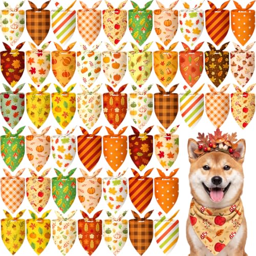 100 Pcs Fall Dog Bandanas Bulk Autumn Pumpkin Maple Leaves Pattern (25.6 x 17.7 x 17.7 Inch / Fall)