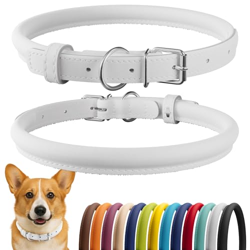 Tangle Free Rolled Leather Dog Collar (White / L)