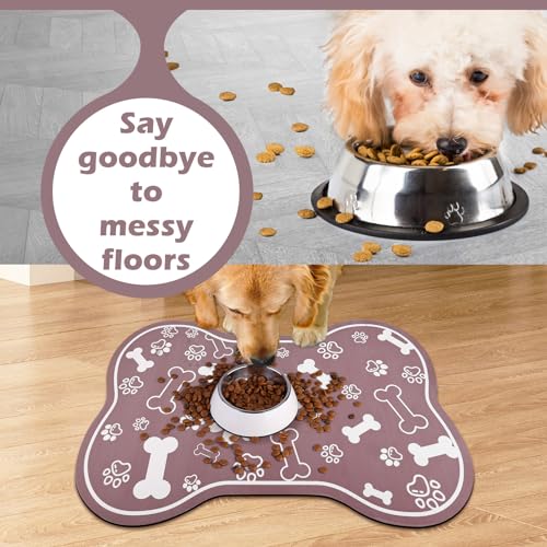 Dog Cat Mat for Food and Water (18"L x 12"W / Bone Shaped Brown)