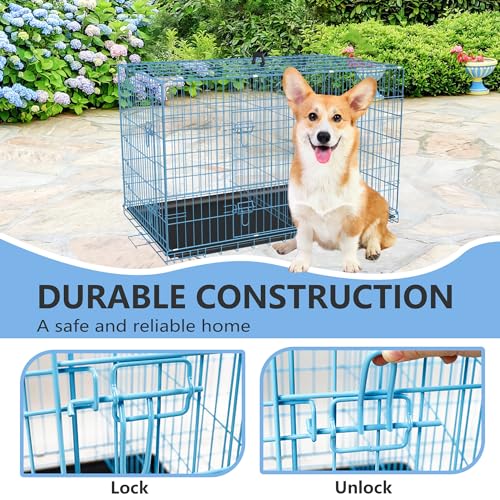 30 inch Dog Crate Dog Kennel Cage with Double Door Folding Metal Wire Dog Cage with Removable Tray&Divider Panel (Blue / 30.0"L x 18.0"W x 20.0"H)