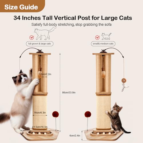 34 Inch Cat Scratching Post for Large Cats with 4 Interactive Toys