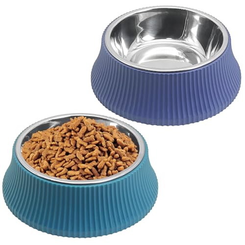 2PCS Stainless Steel Dog Bowls Set Removable no tip Puppy Food and Water Feeder Bowl Basic Metal Small Dog Bowls for Dogs Cats Rabbit Guinea Pigs Ferret (2 PCS / Roman Column (Blue, Green))