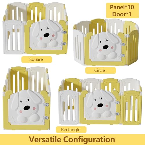 Puppy Play Pen for Indoor with Cute Dog Door (yellow&white / 10 Fence Panels+1 Door)