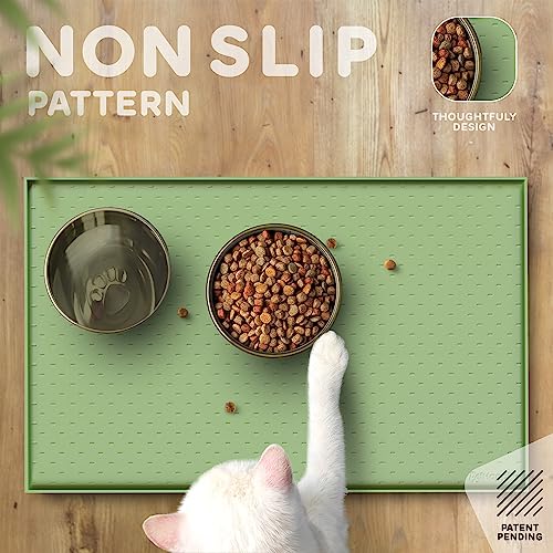 Dog Food Mat 28x18 Raised Edges Dogs Mat for Food and Water Prevent Spill (28"L x 18"W / Eucalyptus)
