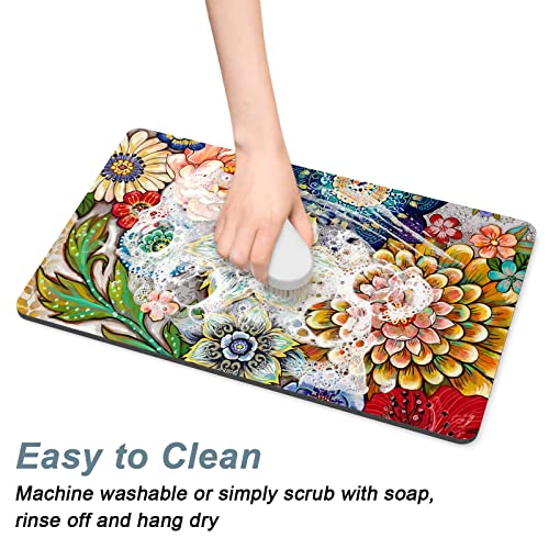 Dog Food Mat 12" x 19" Flower Absorbent Dog Cat Bowl Mat for Food and Water (Colorful Mandala / 19"L x 12"W)
