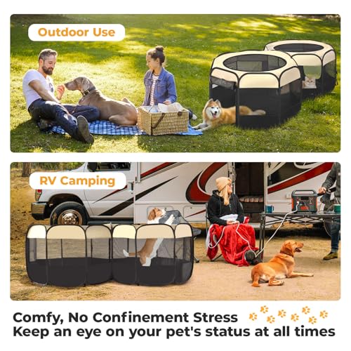2-in-1 Pop Up Dog Playpen Cat Pet Puppy Playpen, Non-Detachable (Beige / 83.5"L x 41.4"W x 32.3"H)