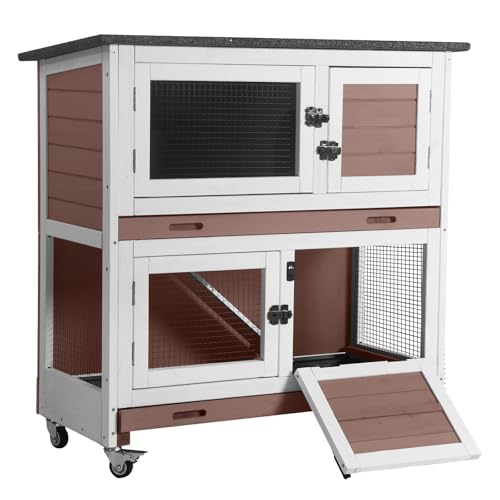2 Tier Rabbit Hutch with Tarp Door and Wheels Bunny Cage Indoor Outdoor Guinea Pig Cage Expandable with Pet Playpen 36" L