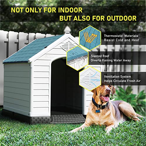 Durable Waterproof Plastic Dog House for Small to Large Sized Dogs (Blue / 34"L x 31"W x 32"H)