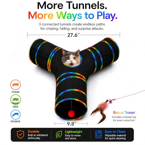 Cat Tunnels Tube Toy with Plush Ball & Cat Wand Feather Toys (1 Pack - 3-Way Tunnel / Black)