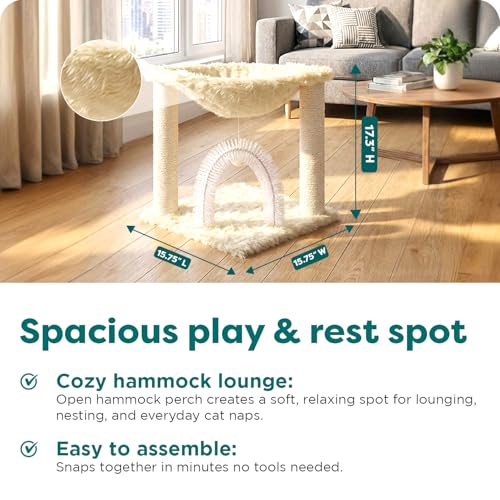 17.3" Tall Cat Scratching Post Tower for Indoor Cats (Cat Tower / Plush Hammock Playground (Cream))