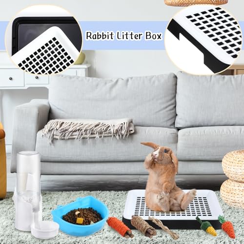19 Pcs Rabbit Starter Kit Small Bunny Litter Box Rabbit Grooming Kit Water Bottle Bunny Toys Hay Feeder Bowl Blankets with Cleaning Set for Guinea Pig Accessories (Black / Cloud)