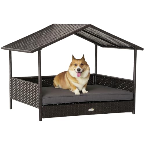 Wicker Dog House Outdoor with Canopy