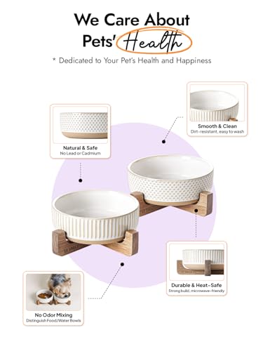 Ceramic Dog and Cat Bowl Set with Acacia Wood Stand (S-2 Cups / Lines+Dot)