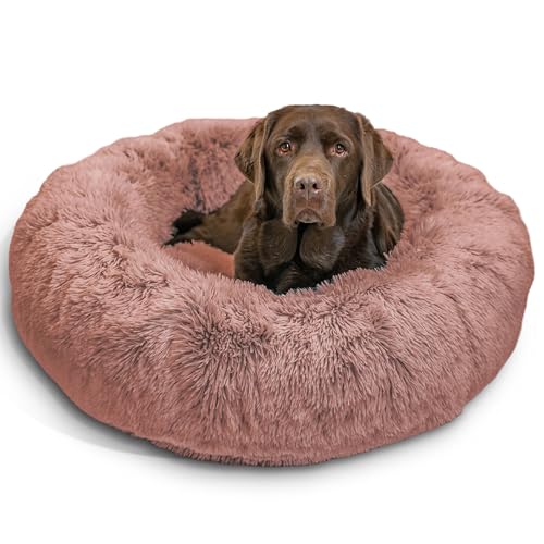 The Original Calming Donut Dog Bed for Large Dogs up to 100 lbs (Dusty Rose Shag / Large)