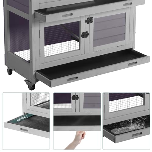 2 Tier Wooden Rabbit Hutch Indoor Bunny House Guinea Pig Cage with Sliding Plastic Trays Wheels for Easy Cleaning Ventilation Design and Mobility (Light Grey)