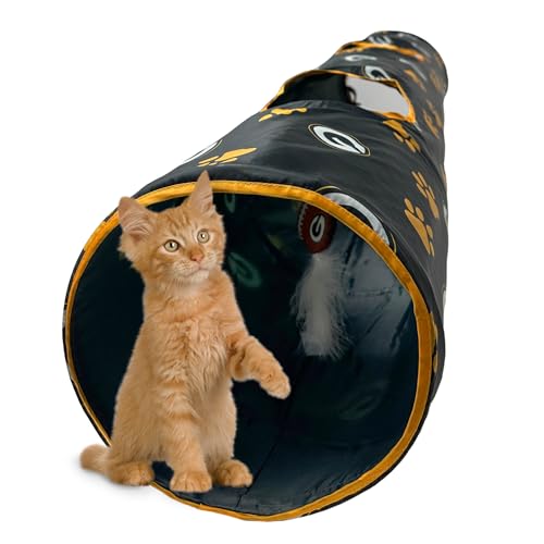 NFL Green Bay Packers Cat Tunnel Tube Toy with Plush Football Catnip and Feathers Collapsible Tunnel for Cats to Play (Green Bay Packers)