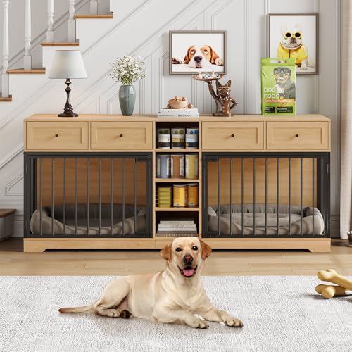 82" Double Dog Crate Furniture with Drawers and Shelves (Natural / 81.9"L x 23.6"W x 33.5"H)