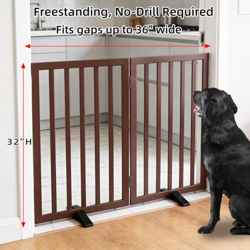 Freestanding Indoor Dog Gate for House Foldable Wood Puppy Gate for Doorways Pet Gate for Stairs Extra Wide Pet Fence (Brown / 【2 Panels】40''w x 32''h)