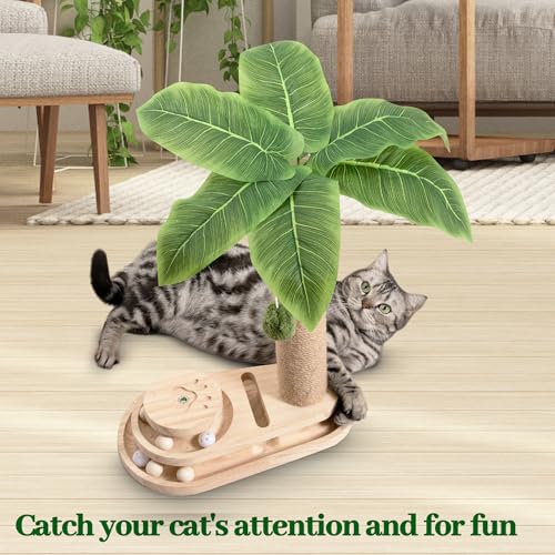 Cat Scratching Post Cat Scratcher Interactive Toy with Dangling Ball for Indoor Kitten 2 Layer Base Wooden Ball Track 17.7" Tall Modern Sisal Scratch Pole (18 in Ball Track)