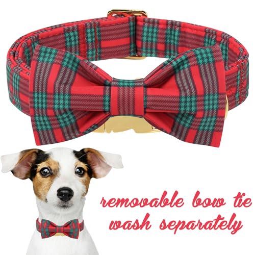 Christmas Dog Collar with Bow Red Green Plaid Cotton Puppy Collars for Small Medium Large Dogs (Medium / Red Green Plaid)