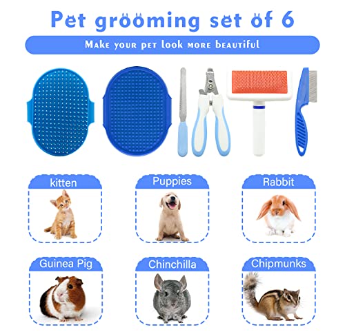 Pet Grooming Kit with Slicker Brush Bath Massage Glove Brush Pet Shedding Comb Nail Clipper Trimmer 6 Piece Set for Rabbit Kitten Guinea Pig Cat Chinchilla Ferret Small Animals (Blue)