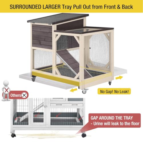 Rabbit Cage Indoor Outdoor Bunny Hutch on Wheels (Dark Brown)