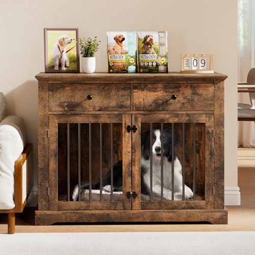 Large Dog Crate Furniture with 2 Drawers (Dark Brown)