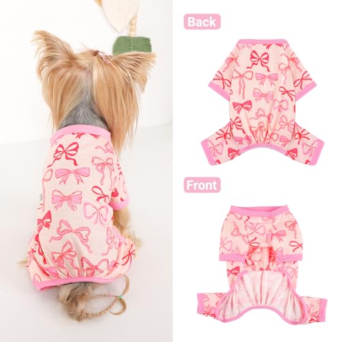 Dog Pajamas Small Sized Dogs Stretchable Summer Dog Clothes Pjs 4 Legs Girl Boy Cute Soft Puppy Outfits Doggie Cat Jammies Jumpsuit Sleeper for Pet (Bow Tie / Large (Chest 17in ))