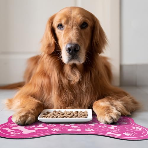 Dog & Cat Food Mat Bone Shaped Pet Feeding Mat Quick Absorb Water Bowl Placemat with Rubber Backing Indoor Floor Stain Resistant Pet Accessory Supplies (Pink / 16"L x 24"W)