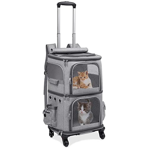 Double Compartment Cat Carrier Backpack with Wheels for Two Pets (14.6"L x 11.2"W x 21.6"H / Grey)