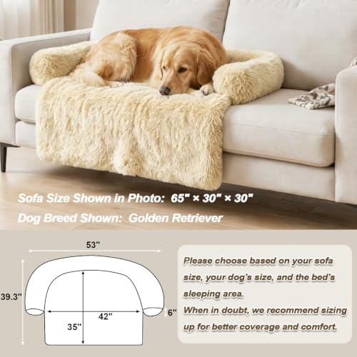 Calming Dog Bed Fluffy Plush Dog Mat for Furniture Protector with Removable Washable Cover for Large Medium Small Dogs and Cats (Beige / 53.0"L x 39.3"W x 6.0"Th)