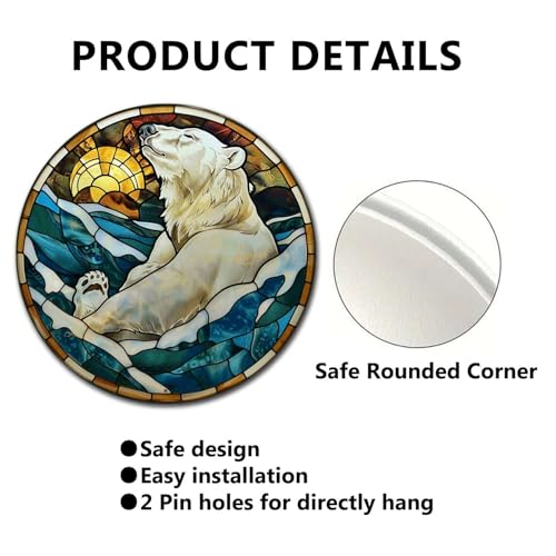 Metal Sign Tin Sign Circular Stained Glass Polar Bear Boho Decorations For Home For Gift 8×8 Inches (8×8 Inches / Polar Bear-1)