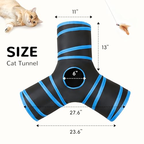 Cat Tunnel, 3-Way Collapsible Toy for Indoor Cats, Royal Blue (Black & Royal Blue / Small)