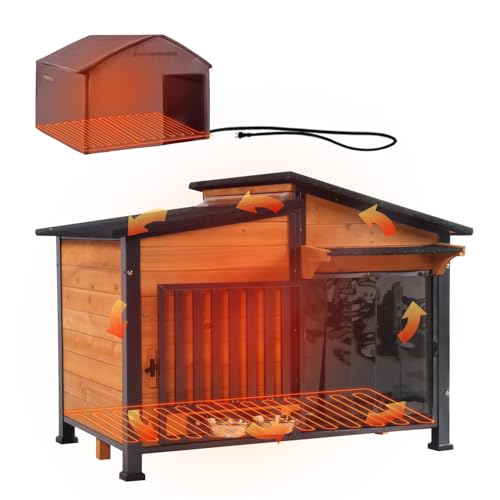 Heated Dog House Outdoor with Bowls Weatherproof Dog Kennel with Heating Pad Anti