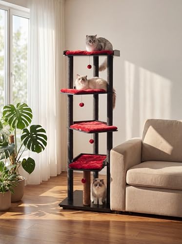 67.7" Wooden Cat Tree for Large Cats (Black/Red / 23.6"L x 22.8"W x 67.7"H)
