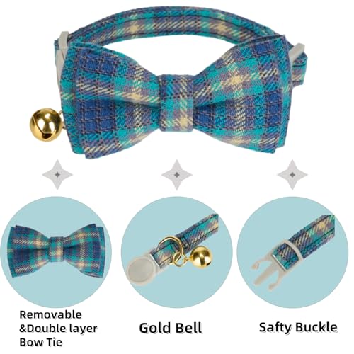 2 Pack Soft Cotton Cat Collars with Bowtie and Bell Breakaway Plaid Cat Kitten Collar (S:Neck 7.0" - 11.0" / Plaid - Ocean Blue+Mocha Tweed)